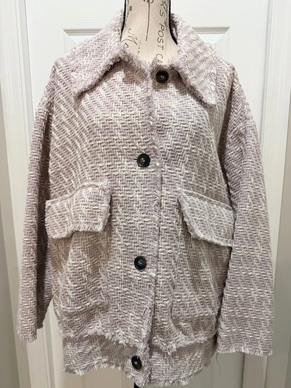 H&M Jacket Mauve Bouclé Fringe Button Front Collared Coatigan - Picture 5 of 14